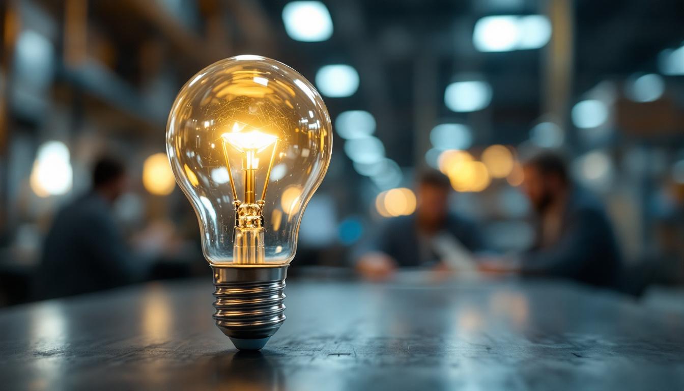 A photograph of a close-up of an a19 light bulb in an industrial setting