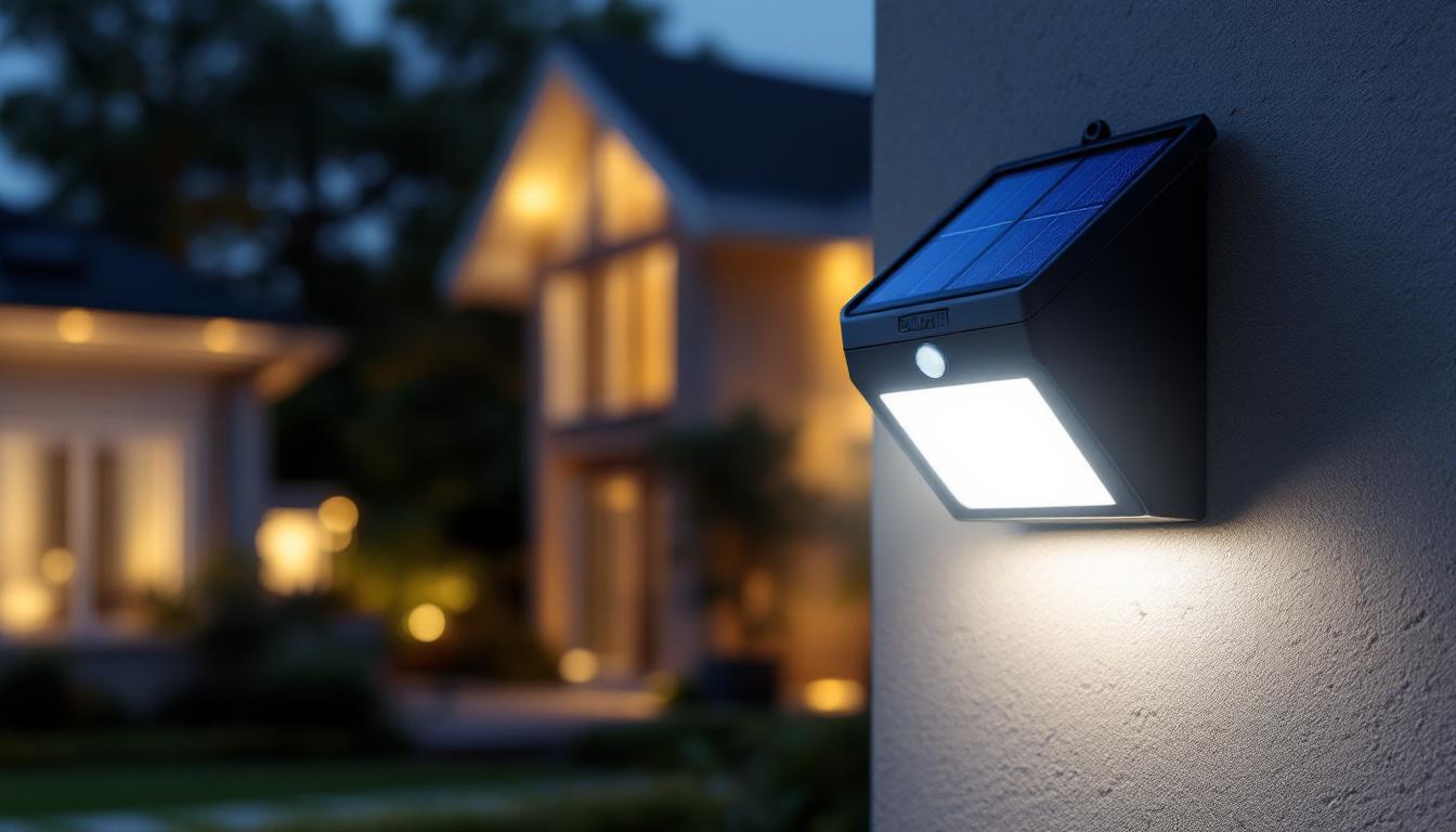 A photograph of a solar motion detection light installed in a residential outdoor setting