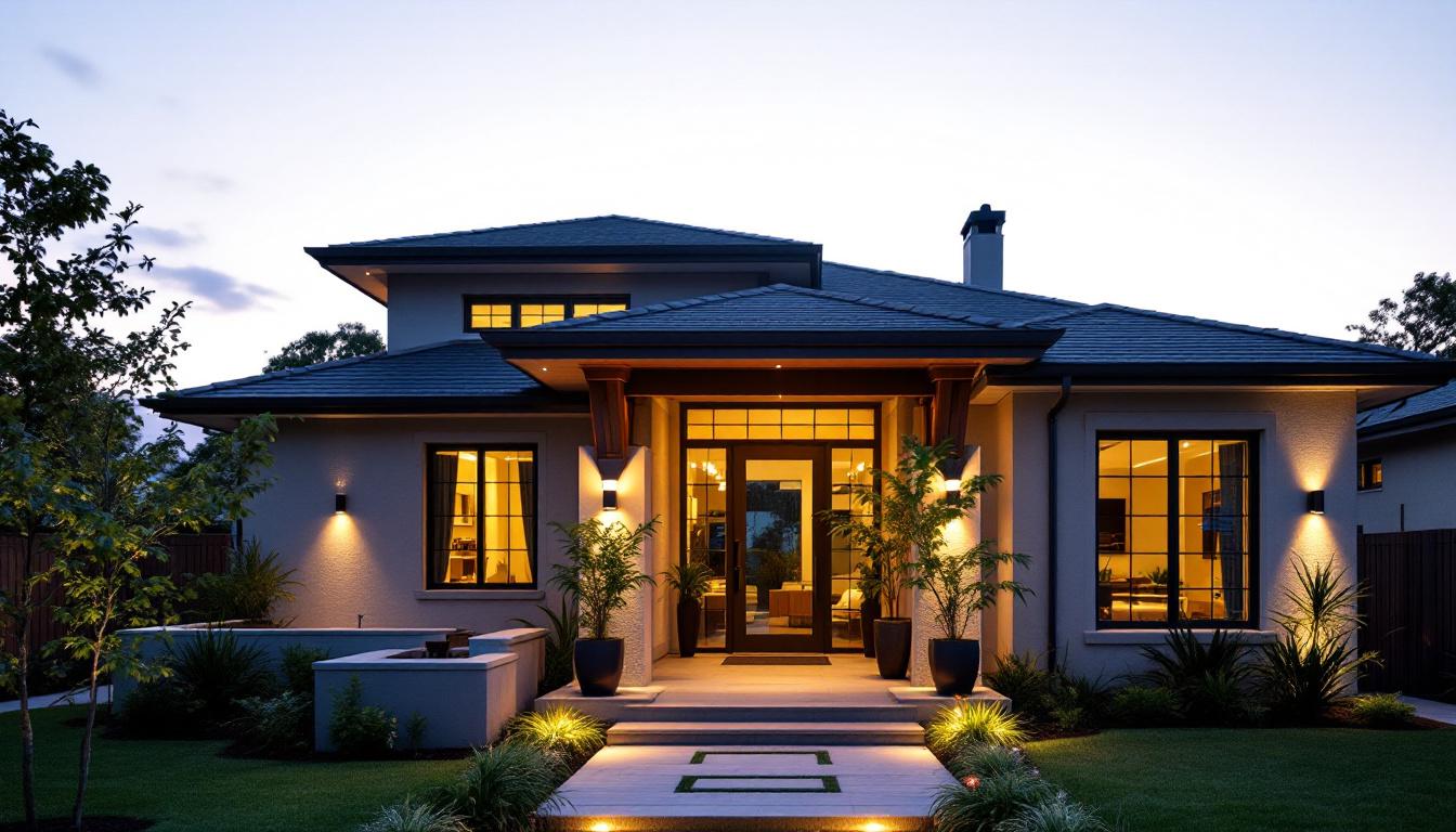 A photograph of a beautifully designed outdoor entrance featuring stylish and functional lighting fixtures that illuminate the pathway and enhance the architectural details of the home