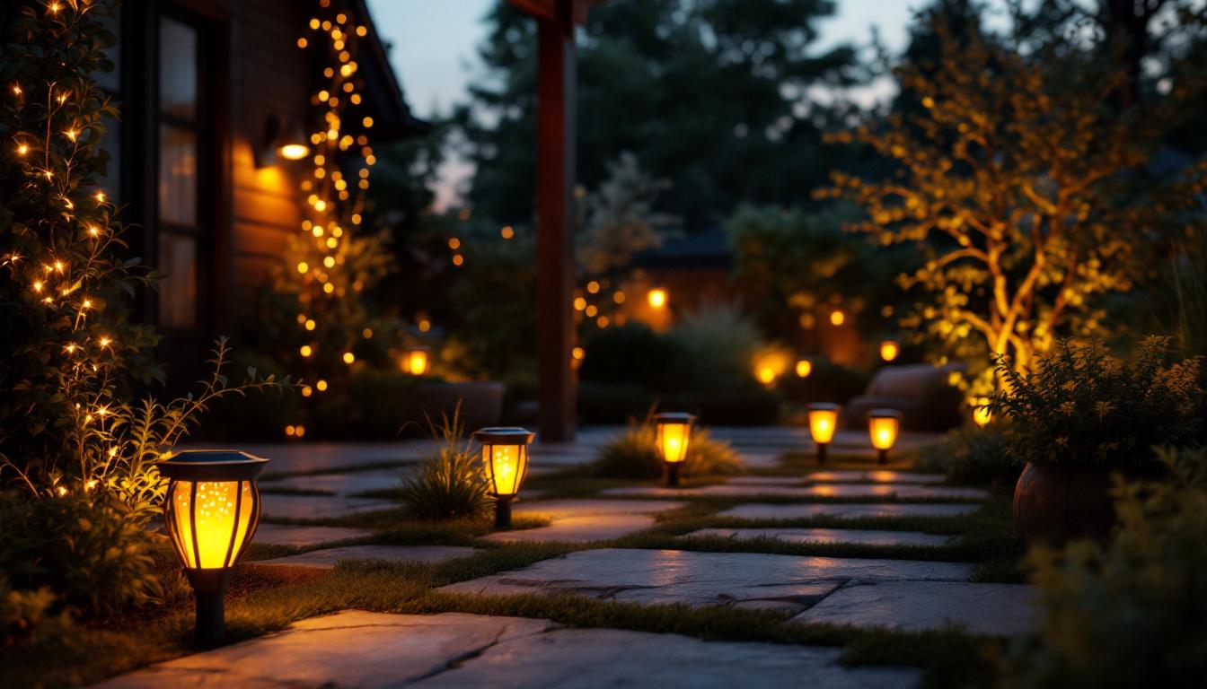 A photograph of a serene outdoor setting illuminated by various styles of wireless solar lights at dusk