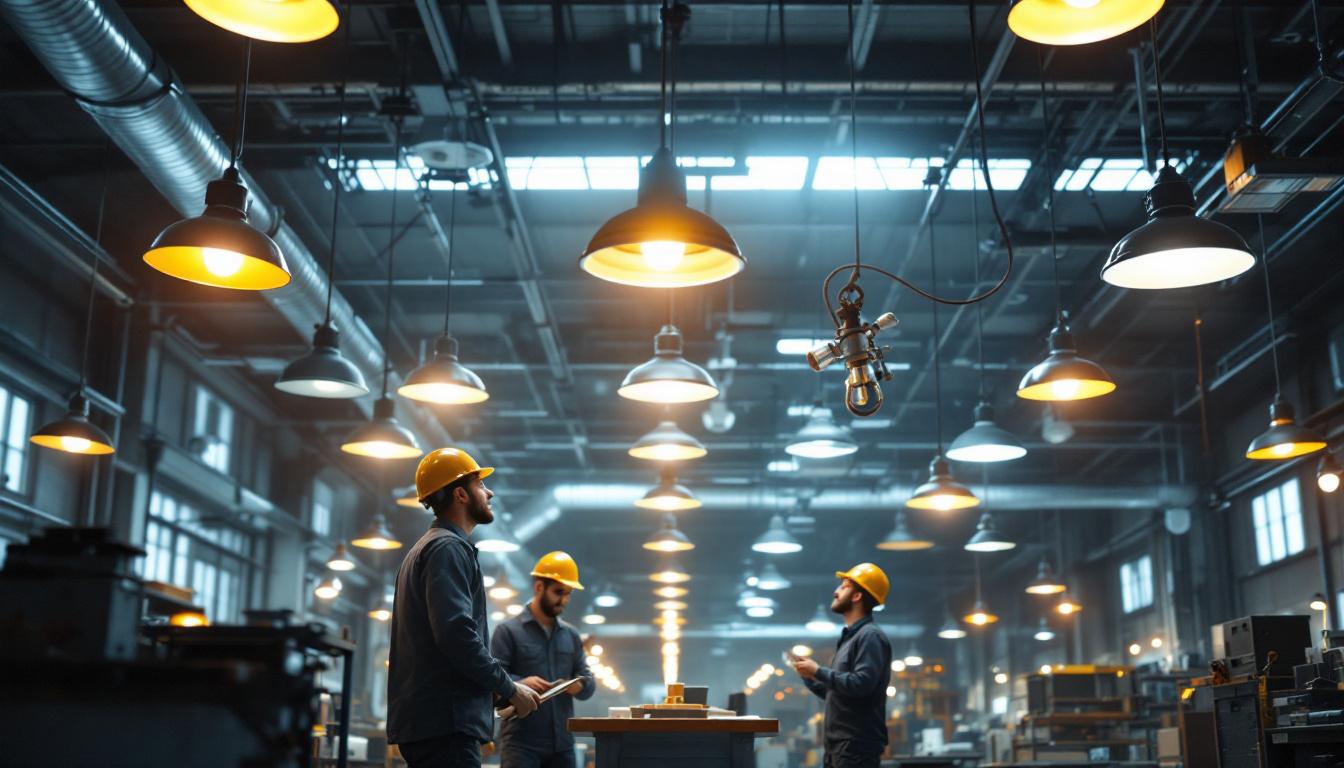 A photograph of a well-designed industrial space featuring a variety of hanging light fixtures