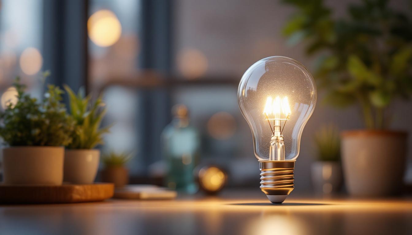 A photograph of a solar-powered led bulb illuminating a modern workspace or outdoor setting