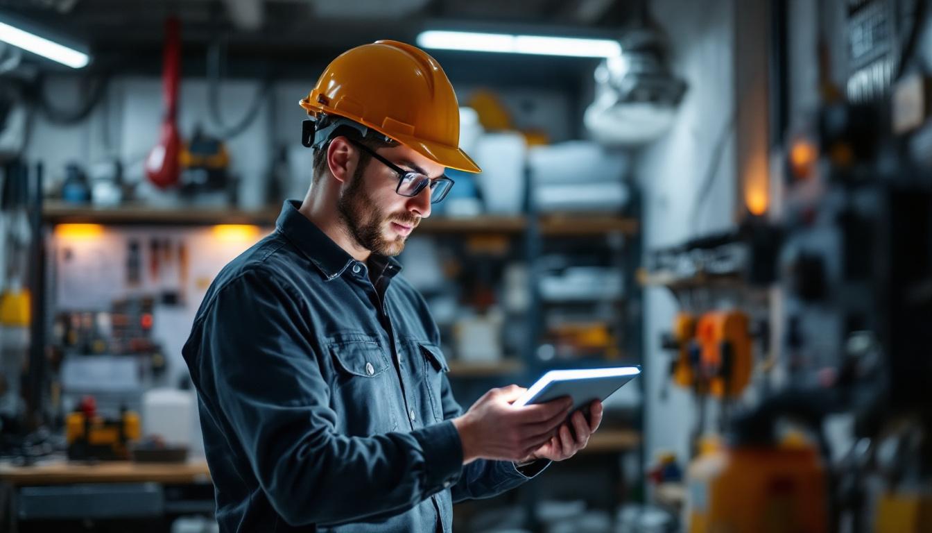 A photograph of a skilled electrical engineer examining a rab wall pack light fixture in a well-lit workspace