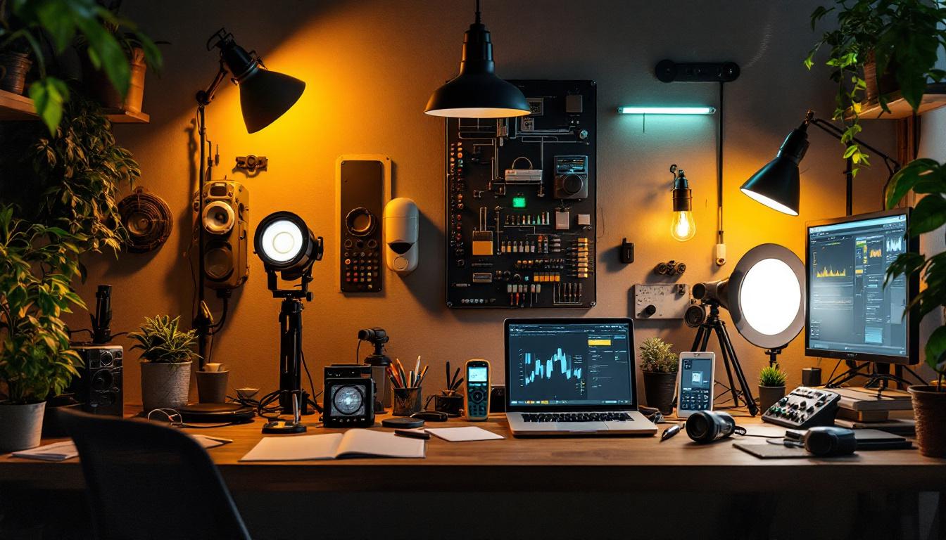 A photograph of a well-lit workspace showcasing various innovative post lighting designs and electrical engineering tools