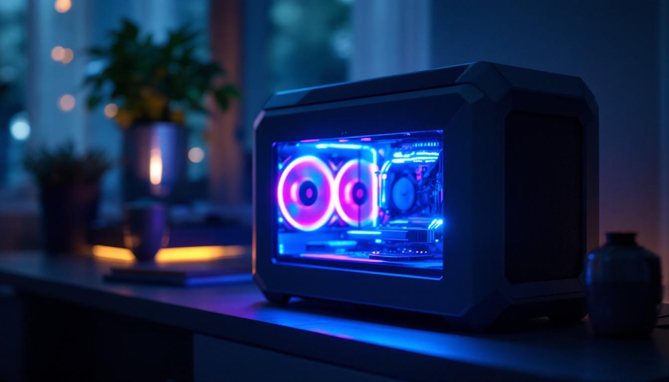 A photograph of a modern cooler illuminated with vibrant led lights in a dimly lit environment