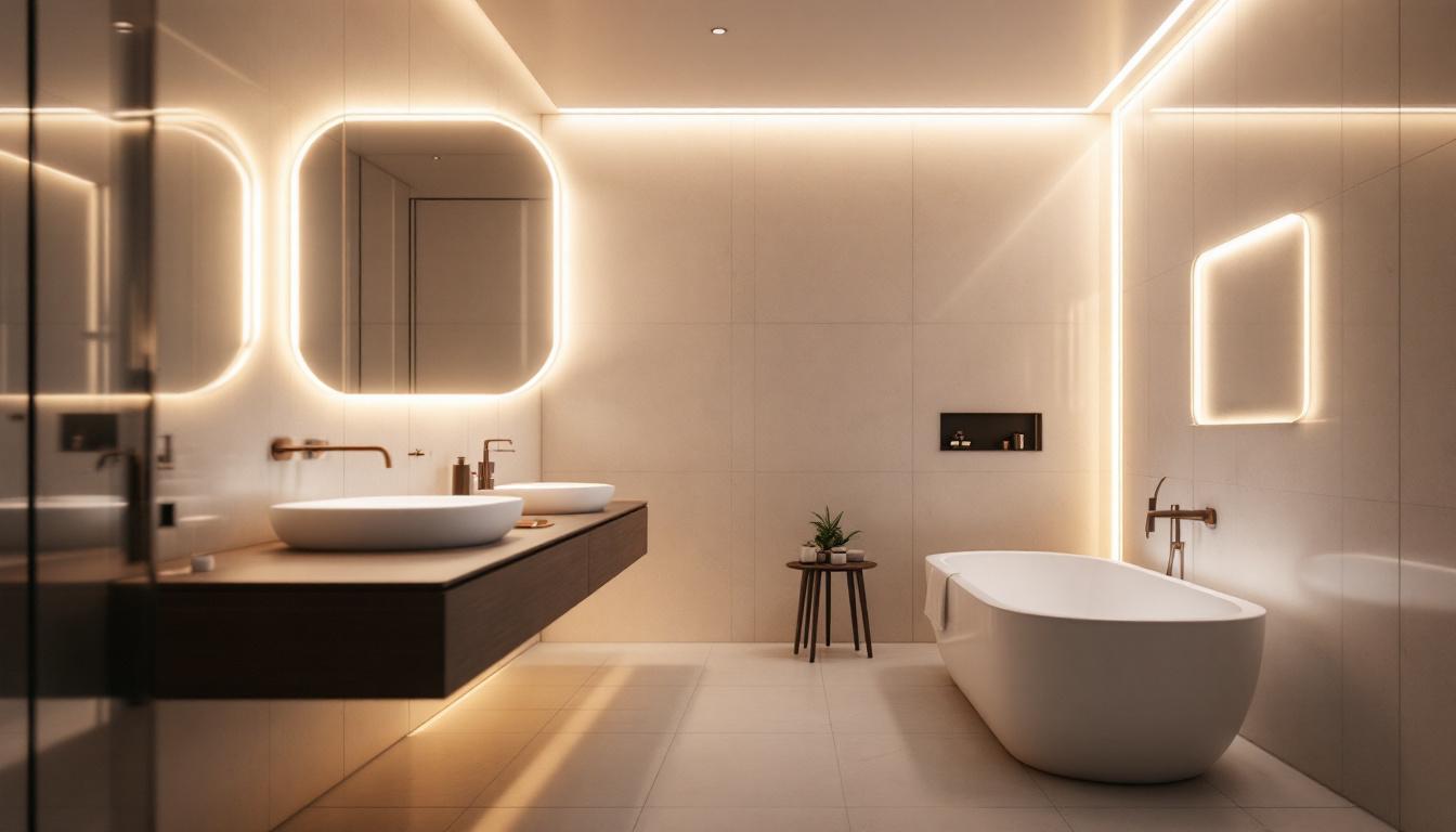 A photograph of a modern bathroom illuminated by stylish led lighting