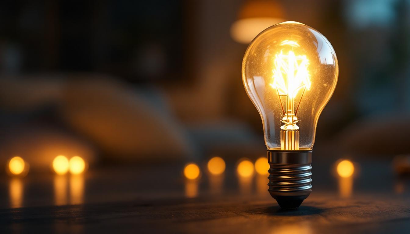 A photograph of a standard base light bulb illuminated in a cozy