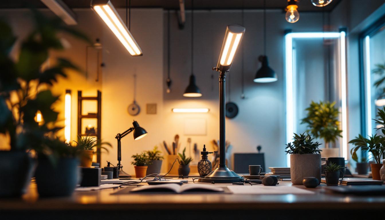 A photograph of a modern workspace featuring various types of fluorescent lights in use