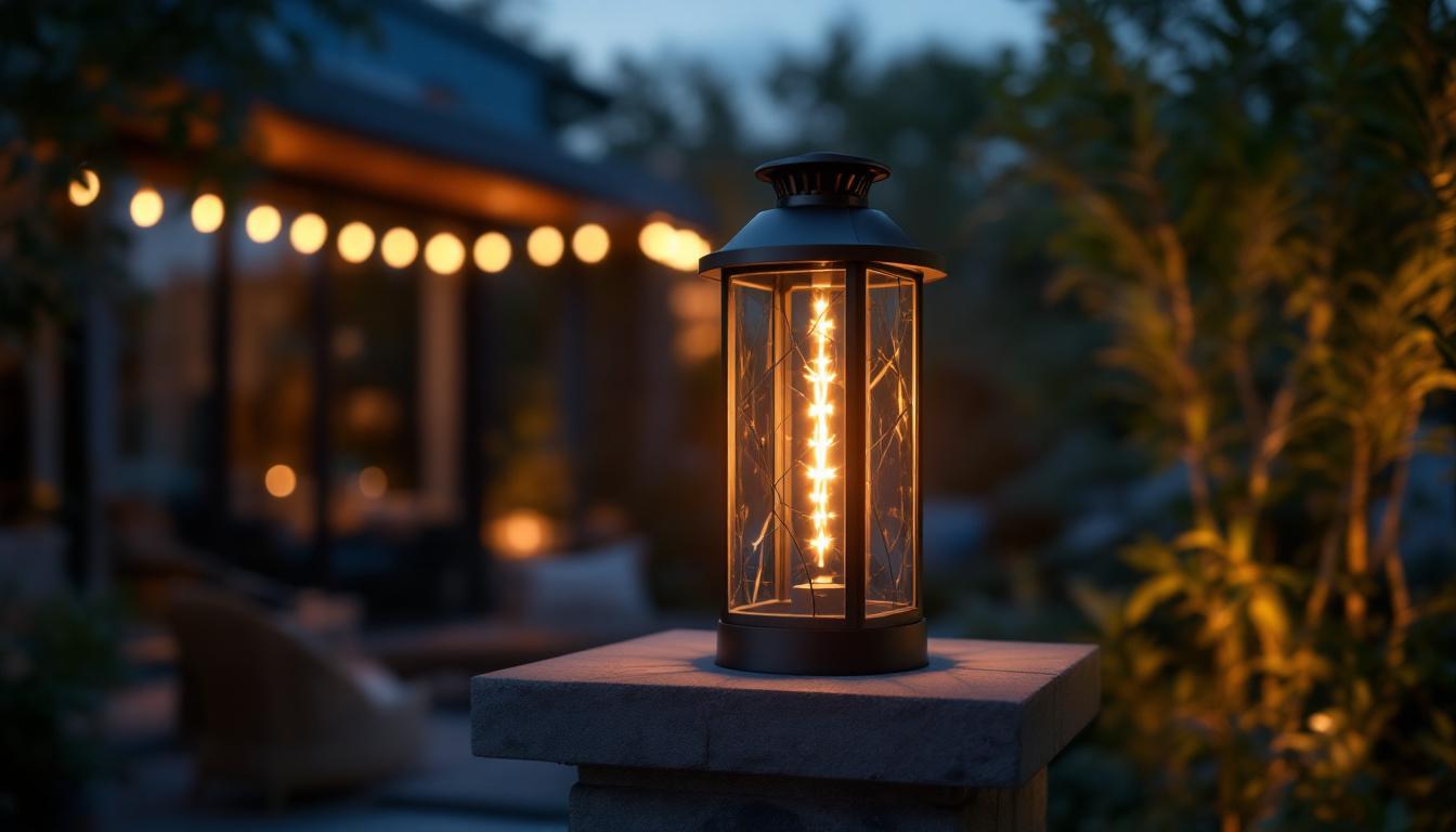 A photograph of capture a photograph of elegantly designed outdoor house lanterns integrated into a modern lighting system
