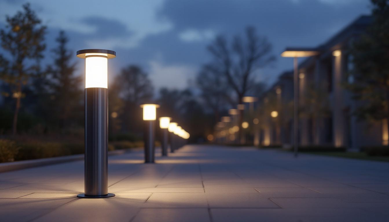 A photograph of a side-by-side comparison of various types of bollards and alternative lighting solutions in an outdoor setting