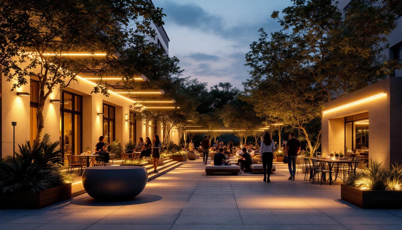 A photograph of a beautifully illuminated outdoor space featuring linear exterior lights