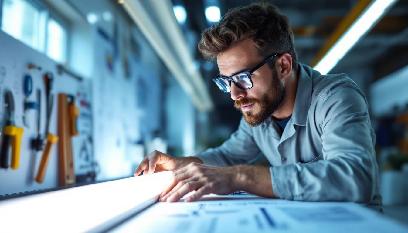 A photograph of a well-lit workspace featuring an engineer examining or installing t8 led tubes