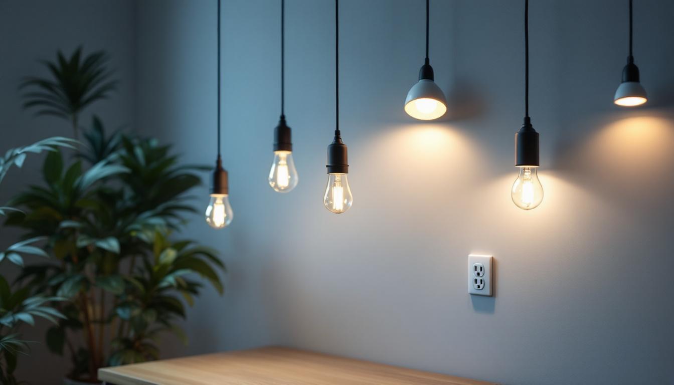 A photograph of a well-lit room featuring various hanging outlets in use