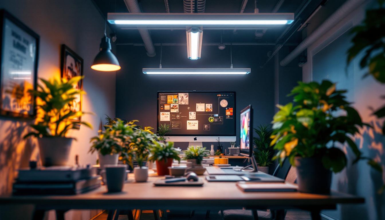 A photograph of a well-lit workspace featuring f32t8 dx fluorescent tubes in action