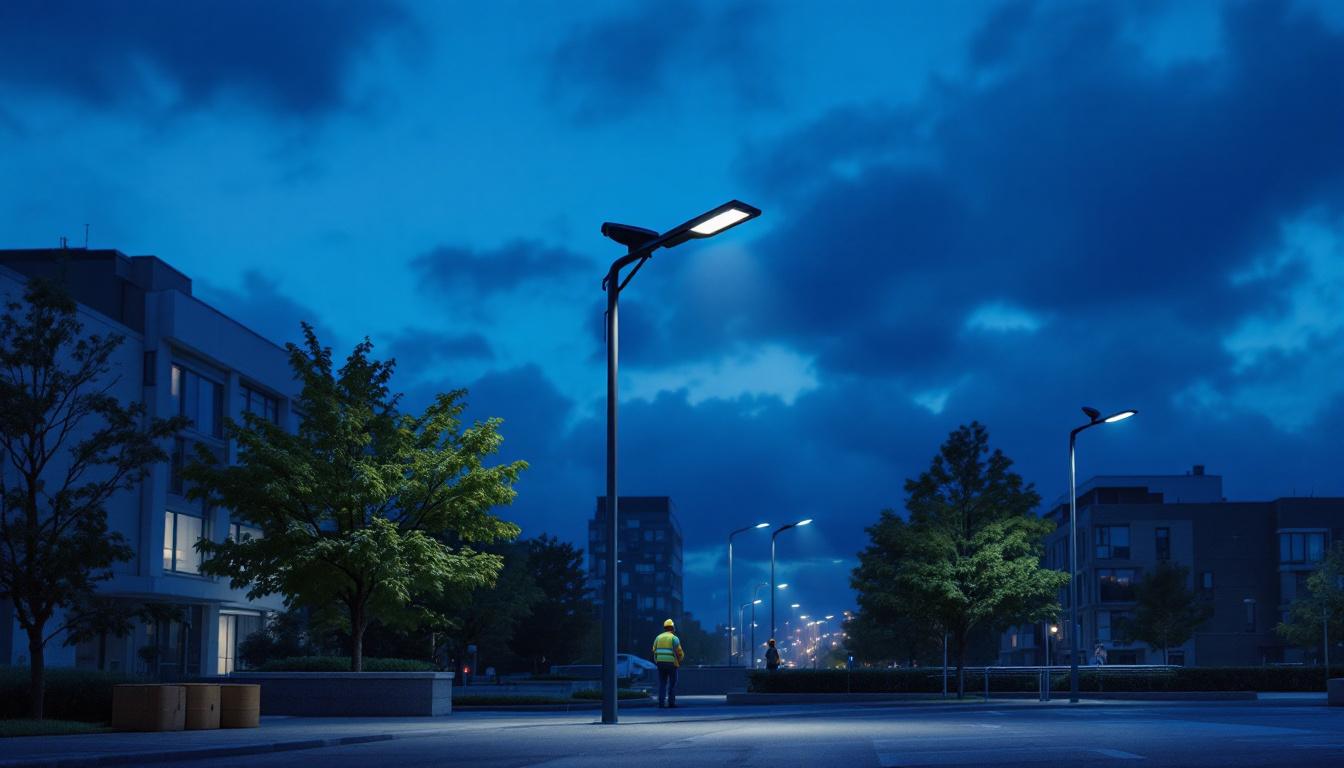 A photograph of a well-lit urban scene featuring a modern head lamp post in use at dusk