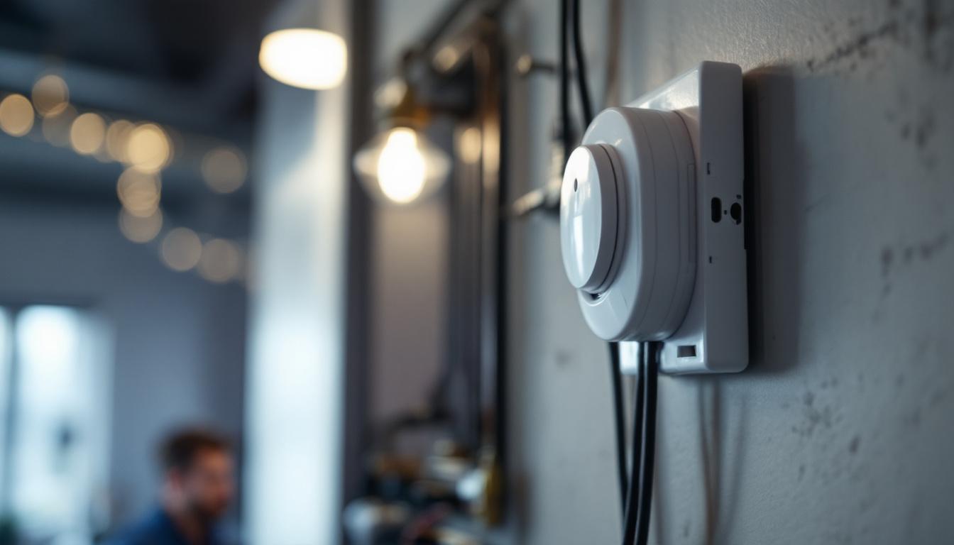 A photograph of a close-up shot of a 3-way motion detector installed in a modern electrical setting
