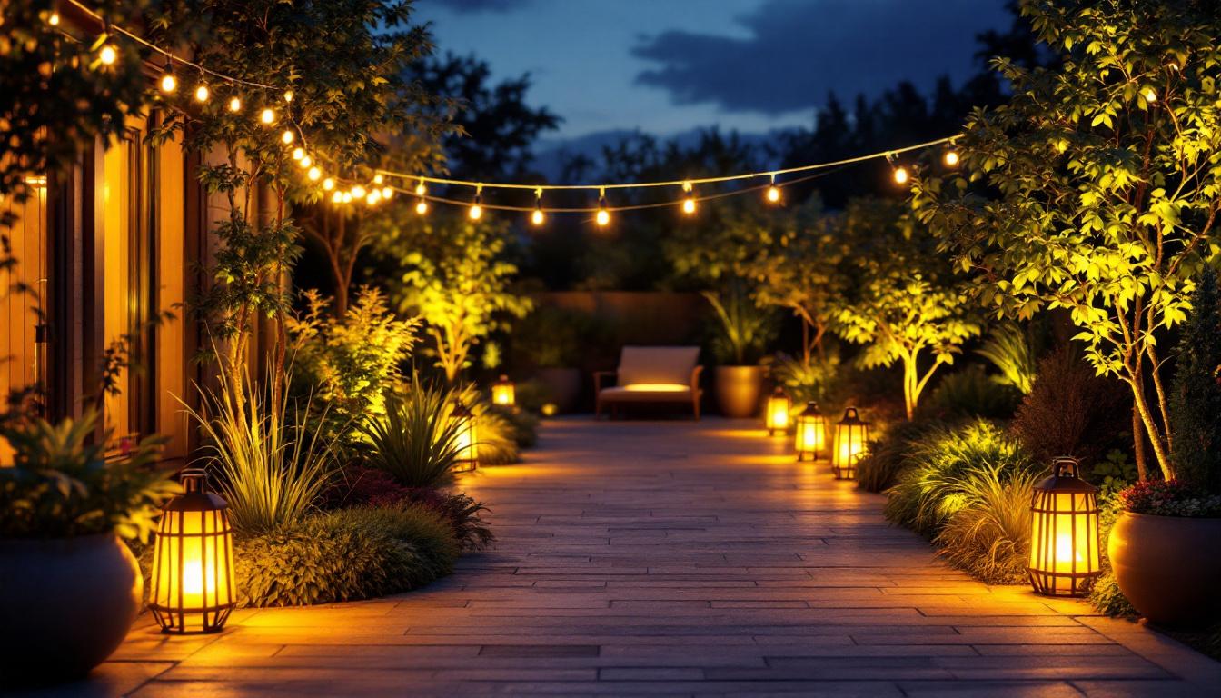A photograph of a beautifully illuminated outdoor space featuring pot lights integrated into the landscape