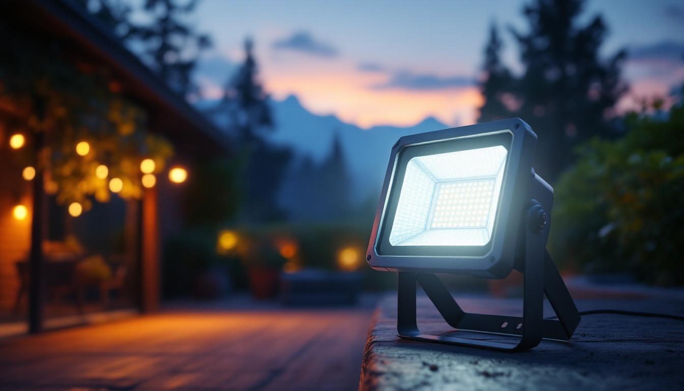 A photograph of a 200-watt led flood light illuminating an outdoor space at dusk