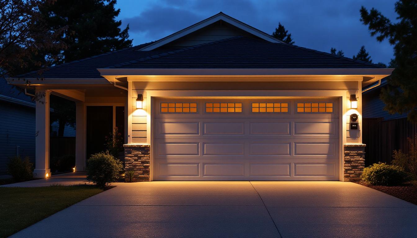 A photograph of a beautifully illuminated garage door at dusk