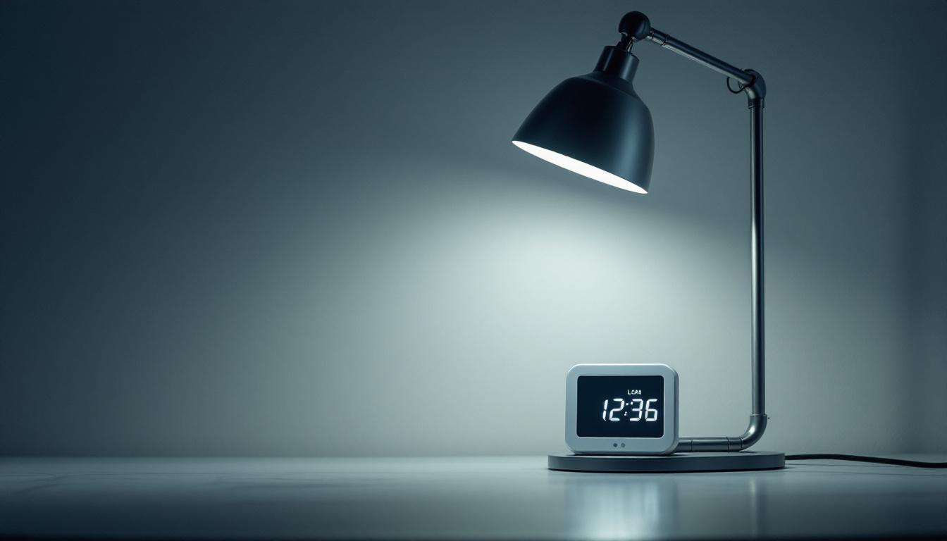 A photograph of a stylish lamp with a digital timer prominently displayed