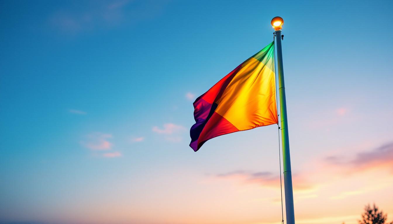 A photograph of a beautifully illuminated flagpole at dusk