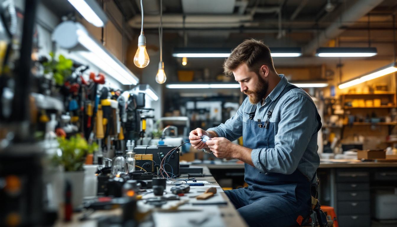 A photograph of a well-organized workspace where an electrician is skillfully wiring fluorescent bulbs