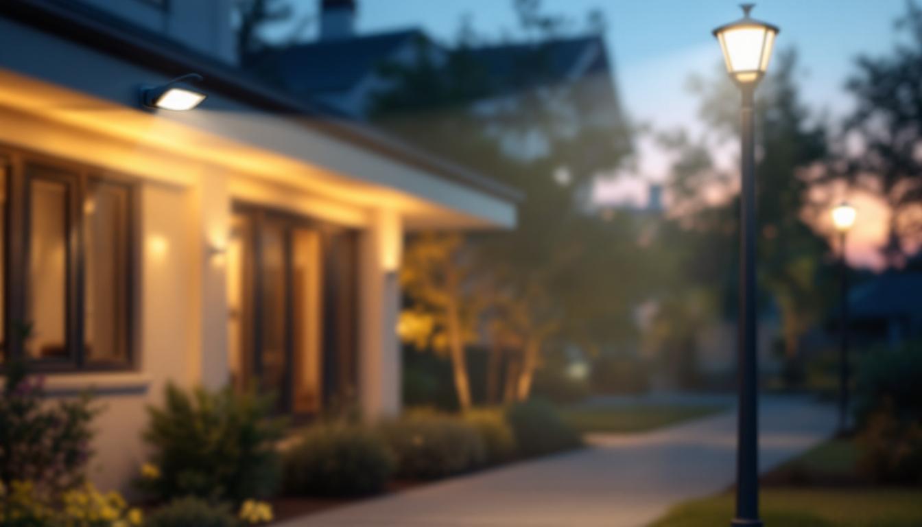 A photograph of a well-lit outdoor area featuring floodlights with motion sensors in action
