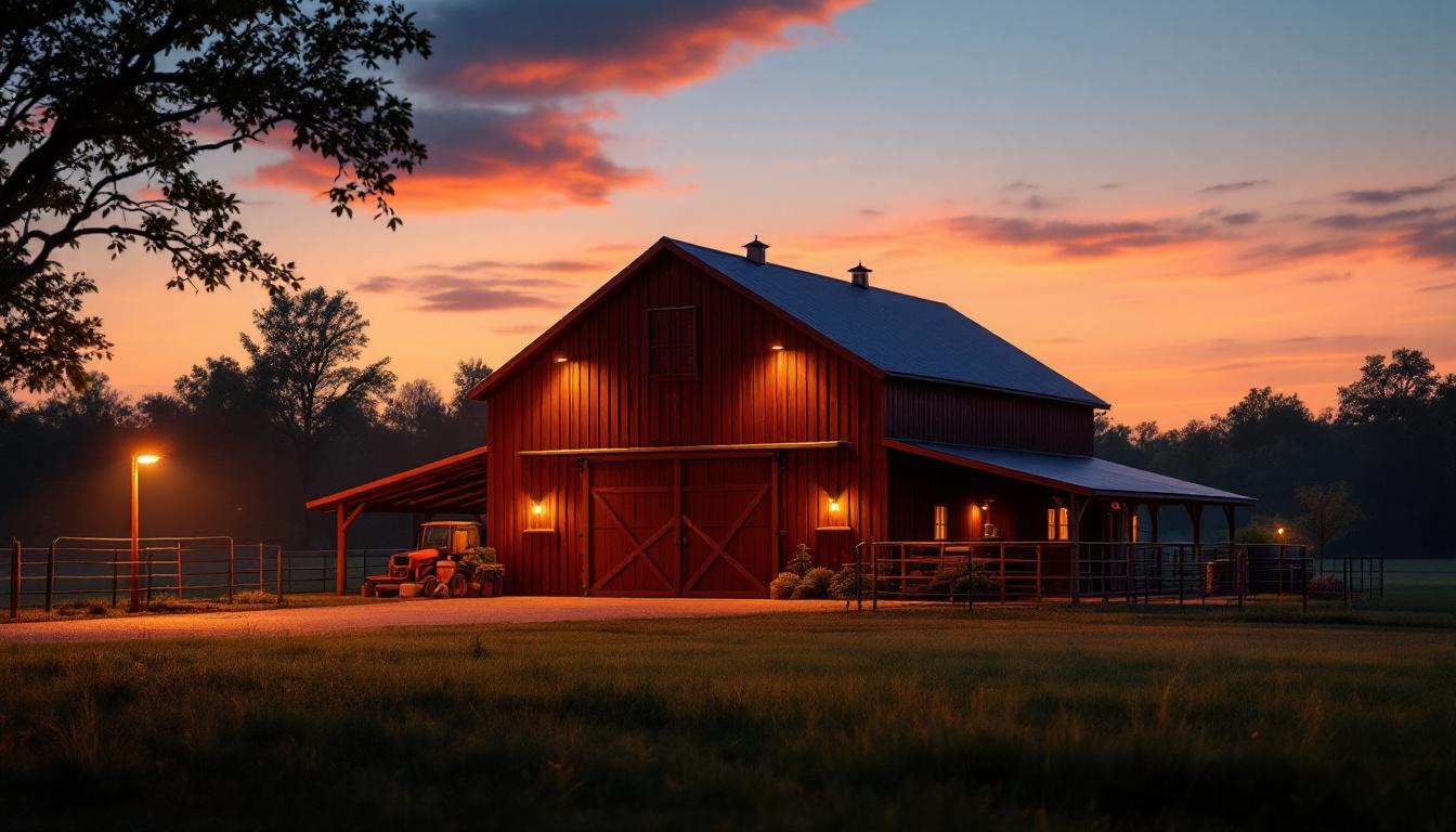 A photograph of a well-lit barn yard scene at dusk