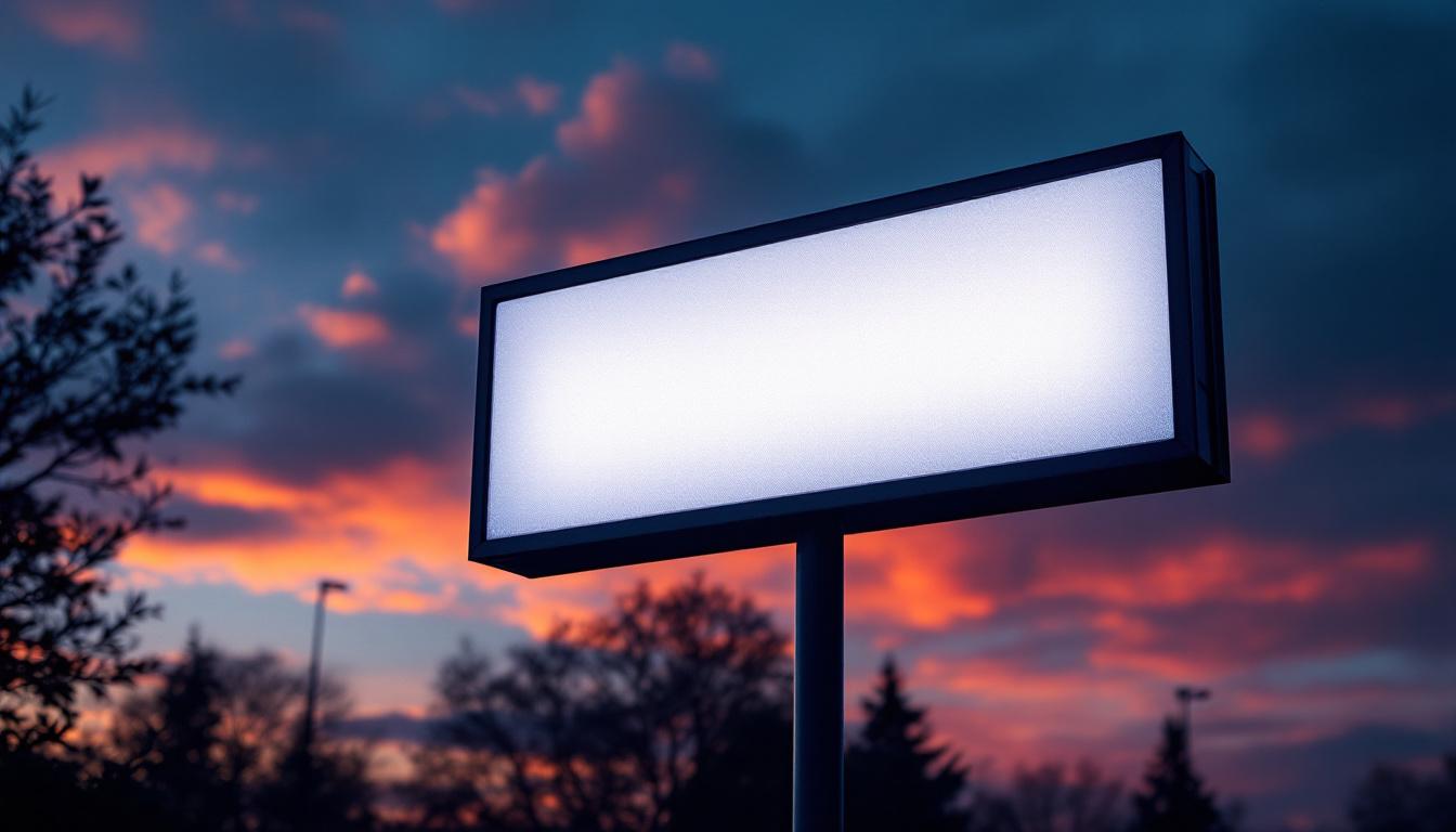 A photograph of a well-lit outdoor sign at dusk