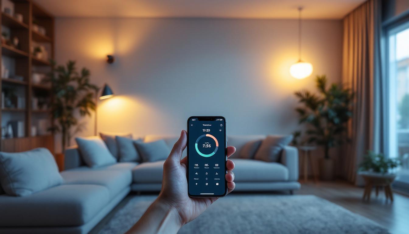 A photograph of a modern living room with smart lighting systems in action