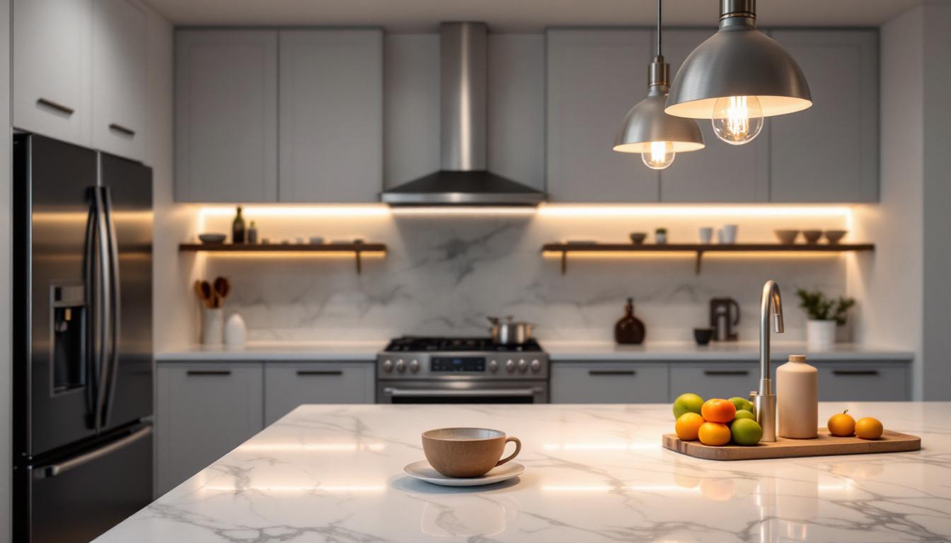 A photograph of a beautifully designed center island light fixture in a modern kitchen setting