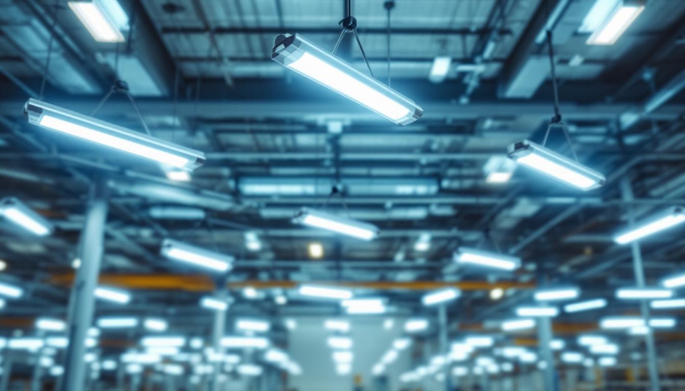 A photograph of a well-lit industrial or commercial space showcasing t12 fluorescent light fixtures in use