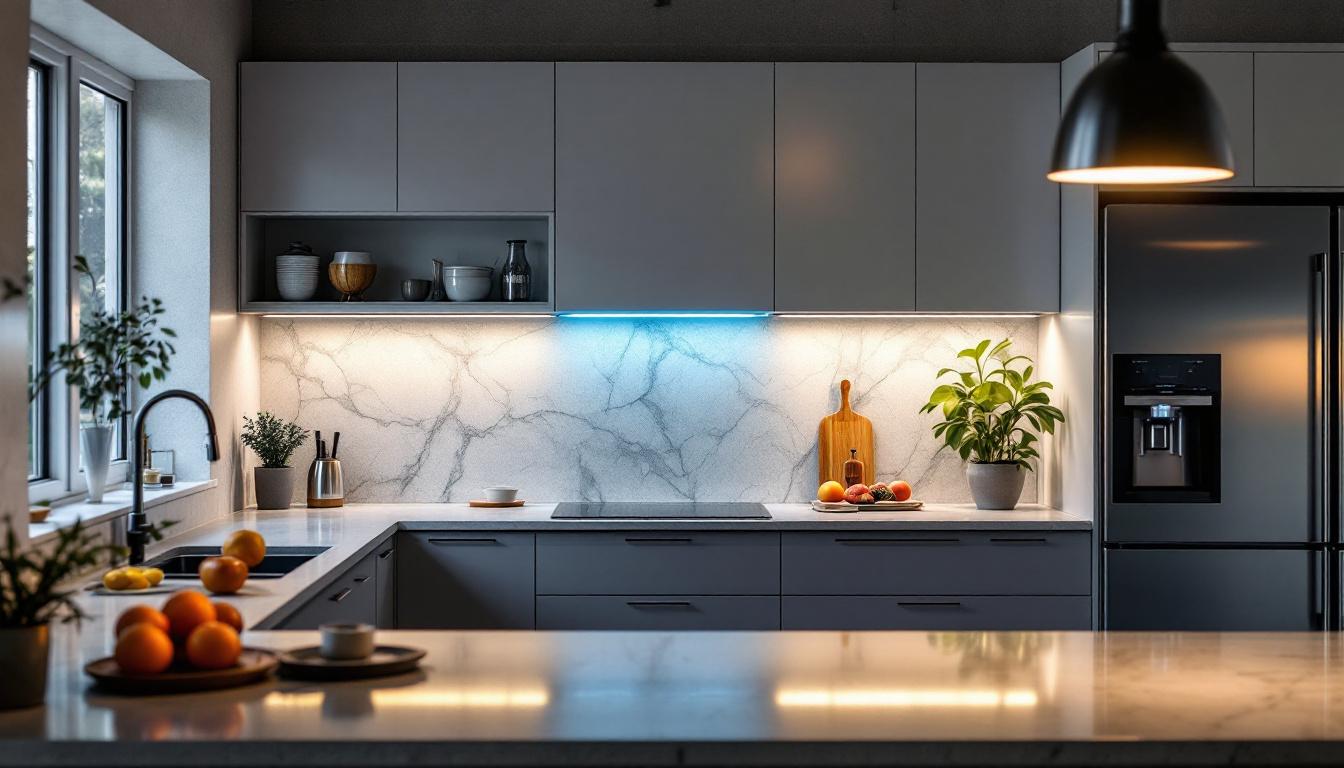 A photograph of a beautifully illuminated kitchen featuring sleek under cabinet led light fixtures that highlight countertops and create a warm