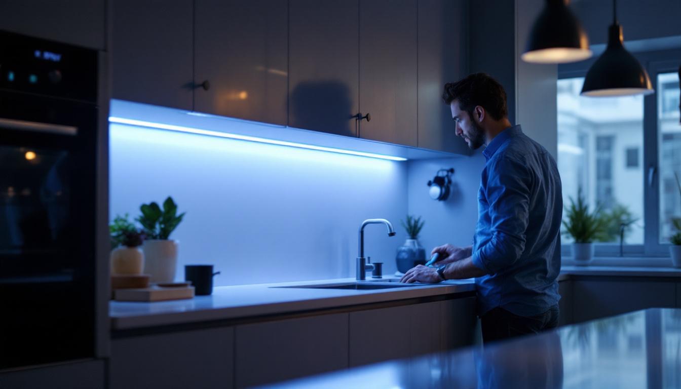 A photograph of a modern kitchen featuring sleek under-cabinet led lighting