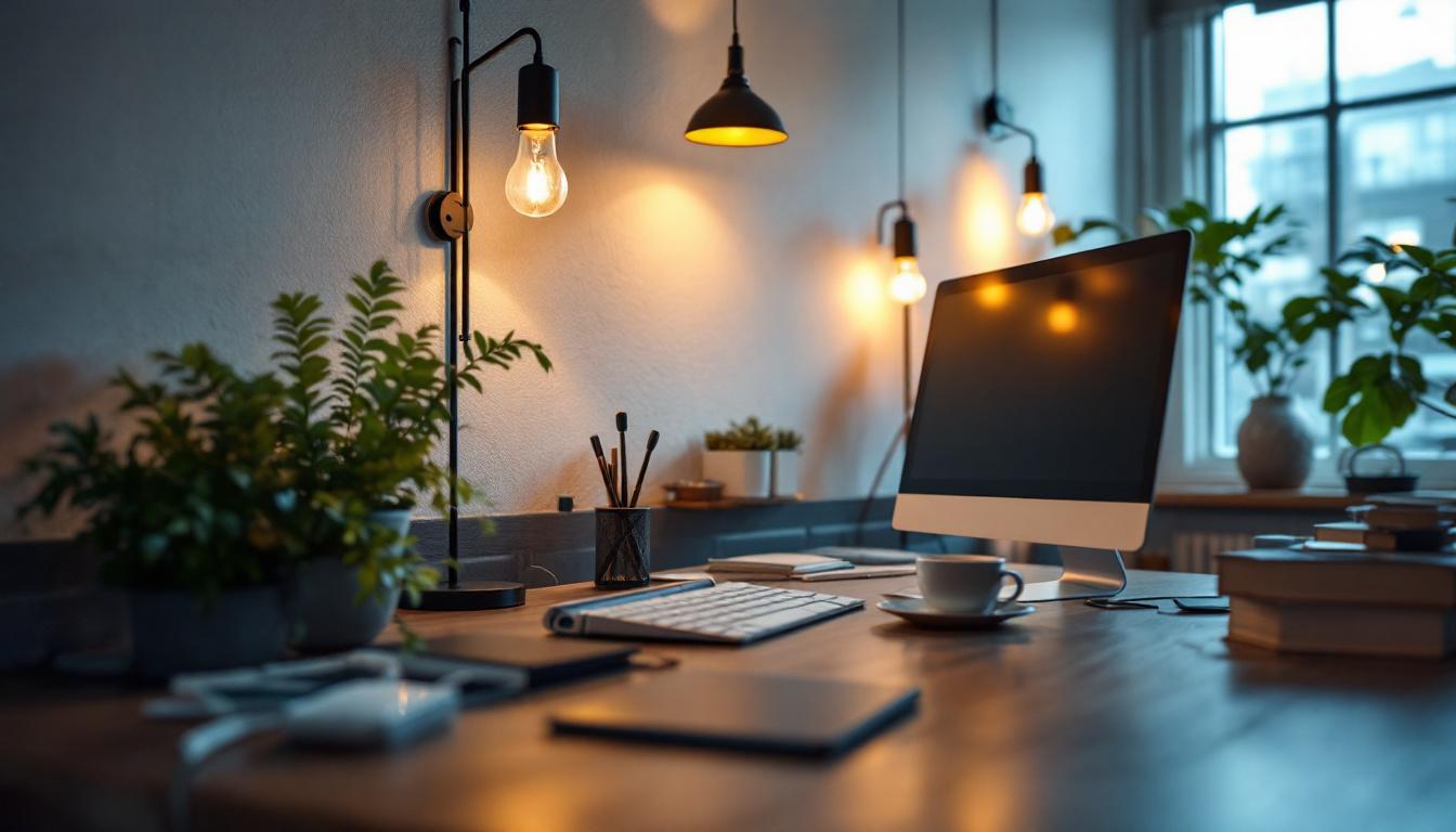 A photograph of a well-lit workspace showcasing a variety of innovative lighting solutions