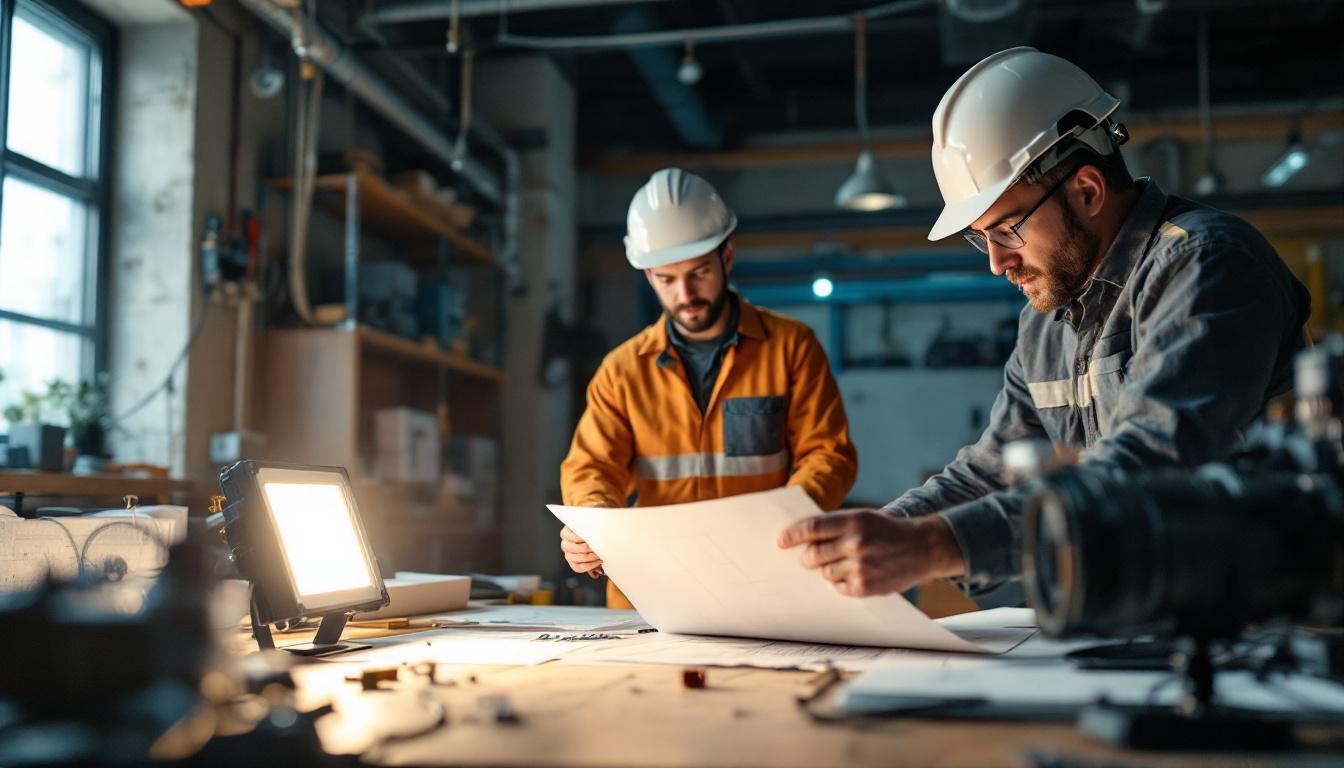A photograph of a well-lit engineering workspace featuring a flood light box in use