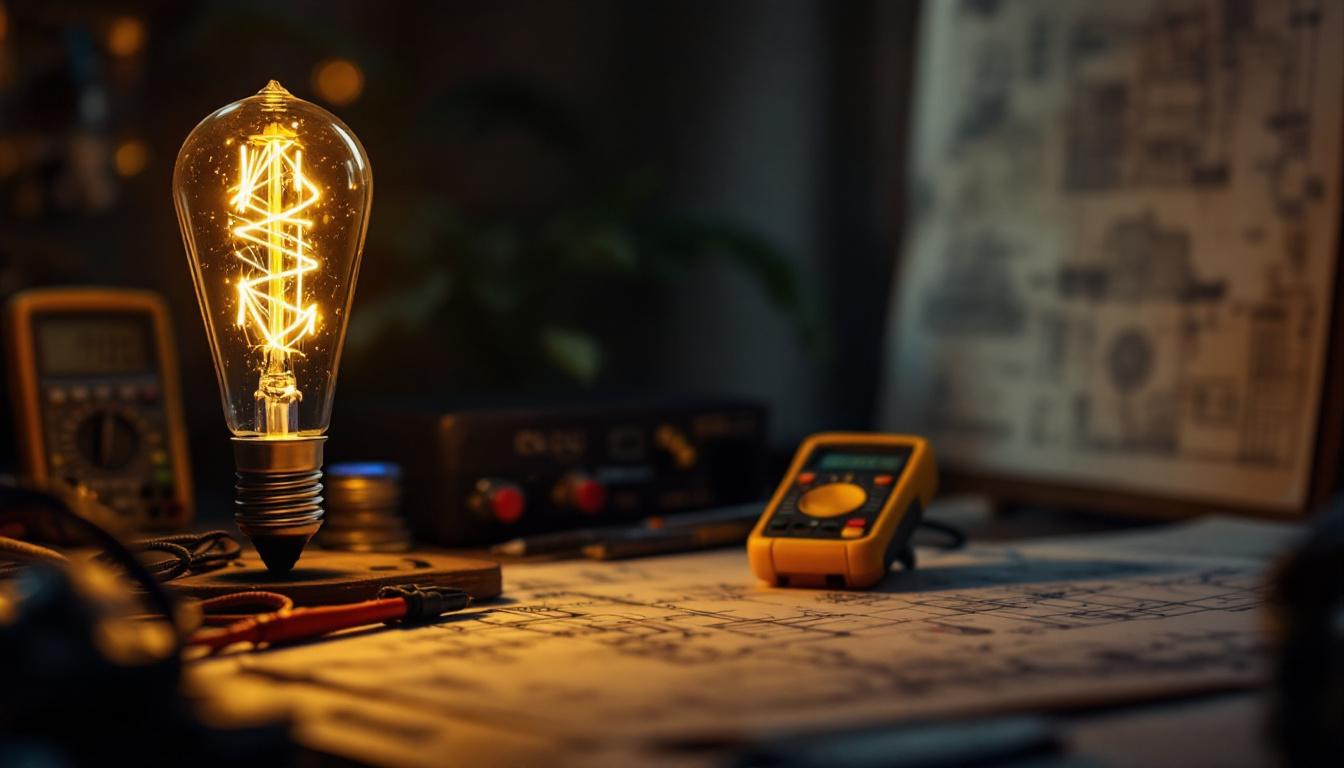A photograph of a vintage-style incandescent bulb glowing warmly in a dimly lit setting