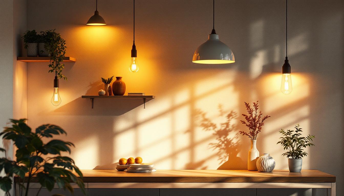 A photograph of a beautifully lit interior space showcasing a variety of stylish lighting fixtures
