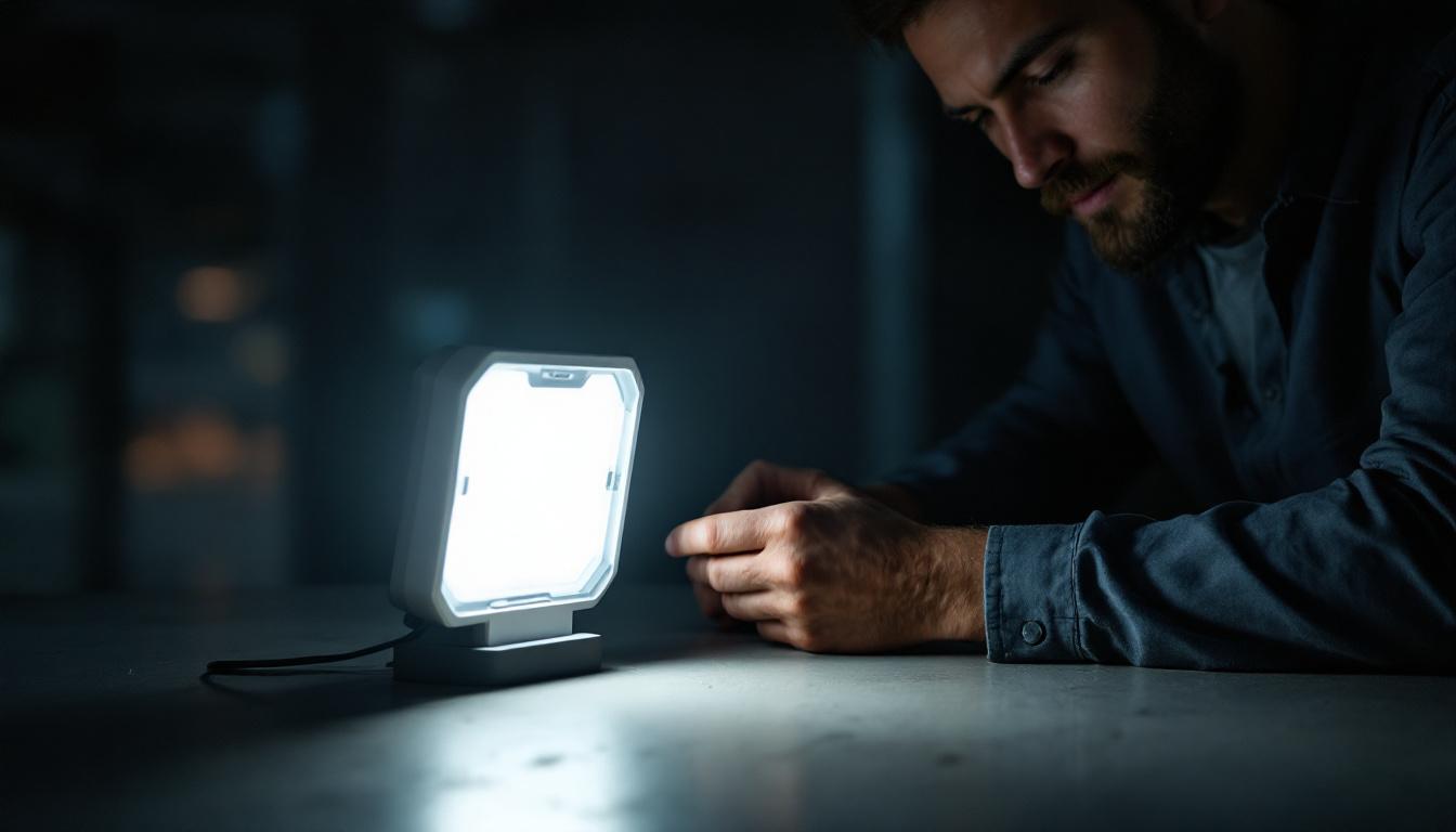 A photograph of a well-lit emergency battery light in a darkened environment