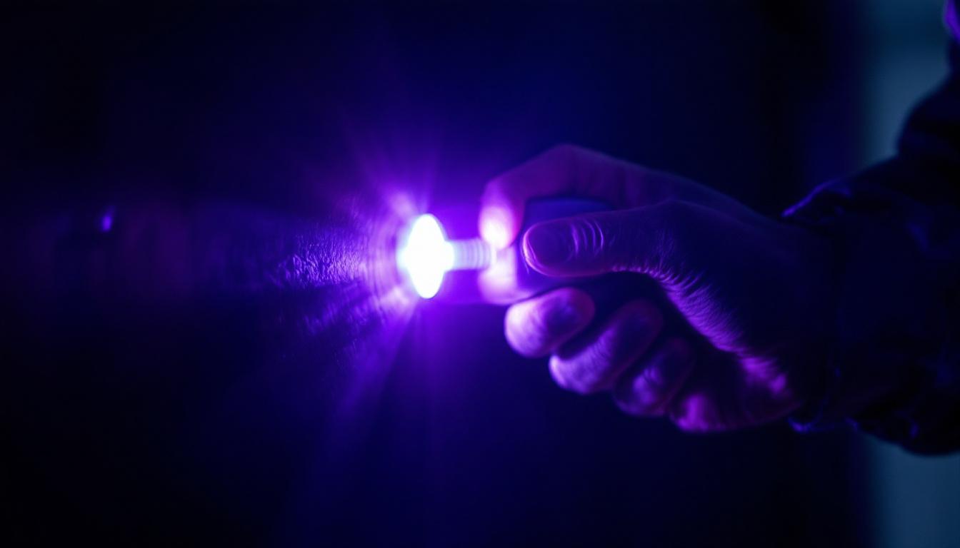 A photograph of a handheld ultraviolet light device in action