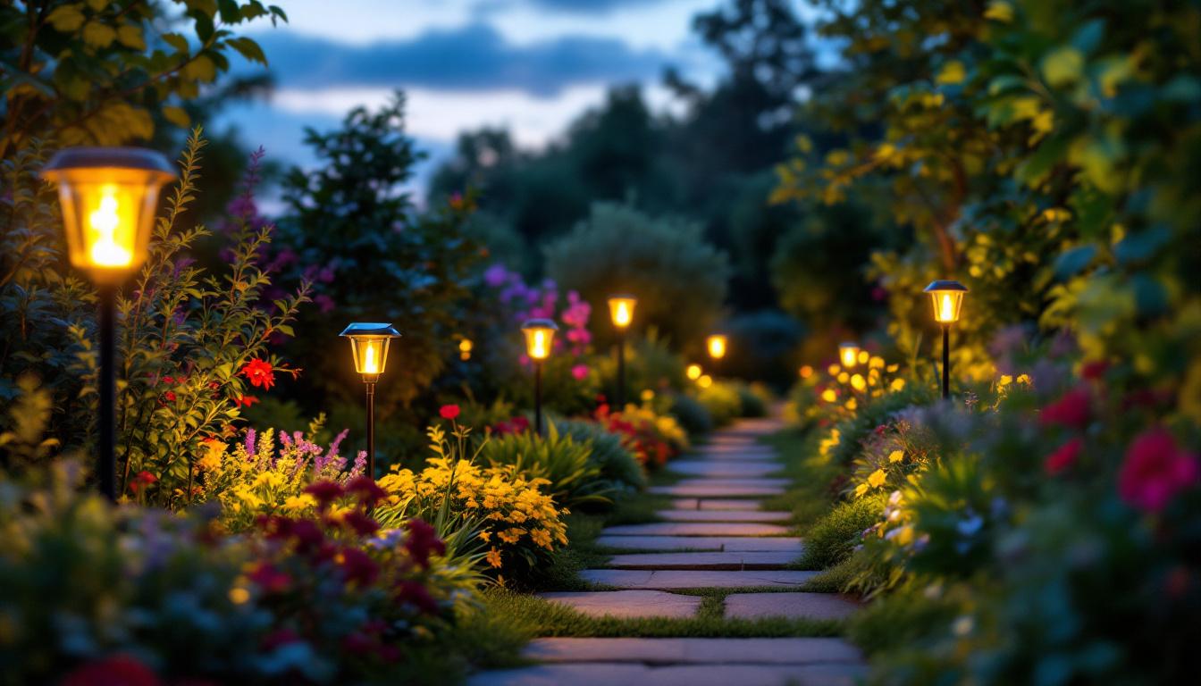A photograph of a beautifully arranged garden scene at dusk
