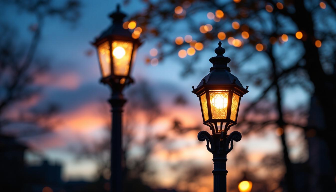 A photograph of a beautifully illuminated lamp post at dusk