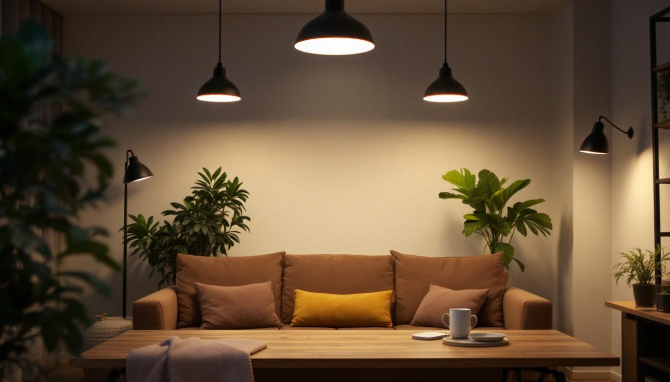 A photograph of a well-lit room showcasing various lighting fixtures with a focus on their lumen output
