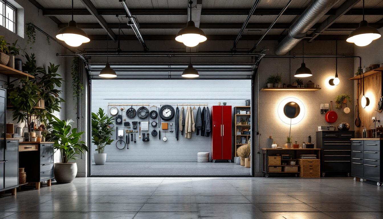 A photograph of a well-lit garage interior showcasing a variety of stylish ceiling lighting options