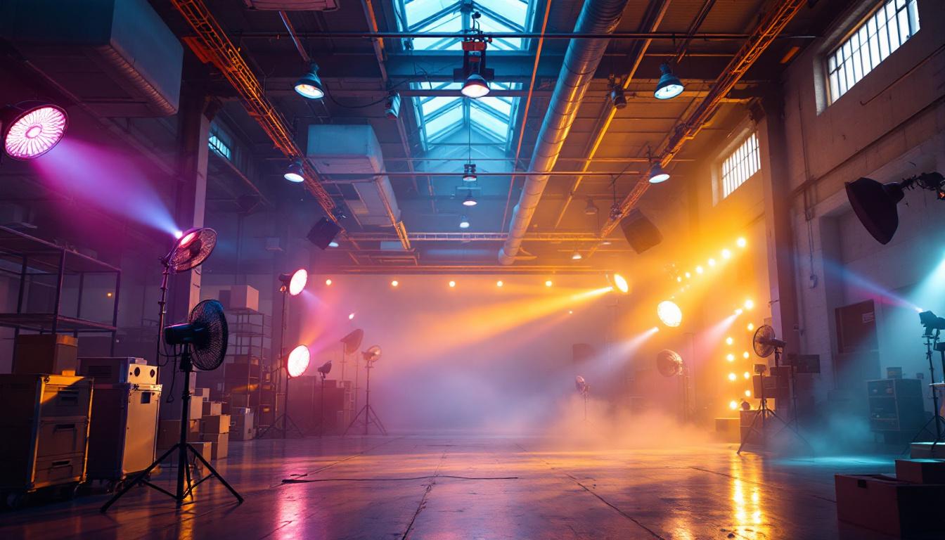 A photograph of a vibrant and dynamic warehouse scene showcasing various lighting setups