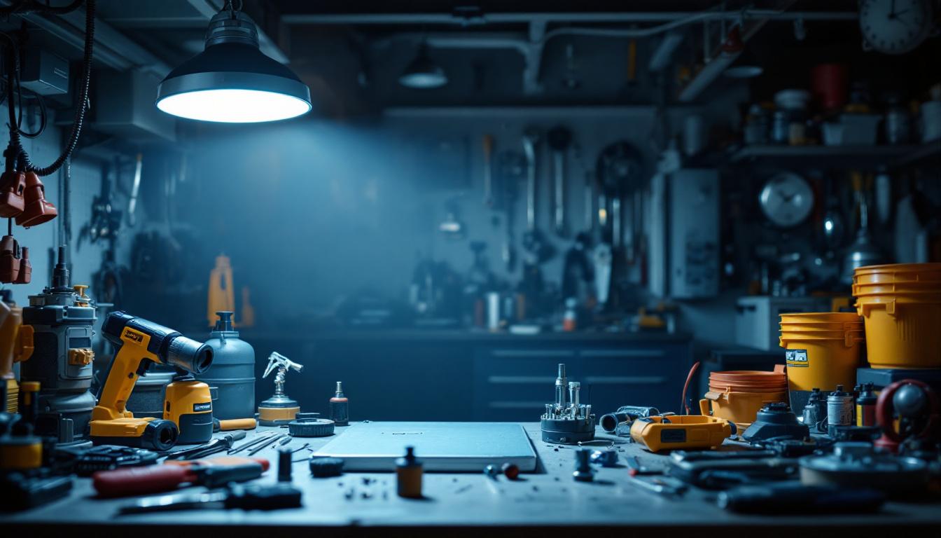 A photograph of a well-lit garage workspace featuring a variety of tools and equipment