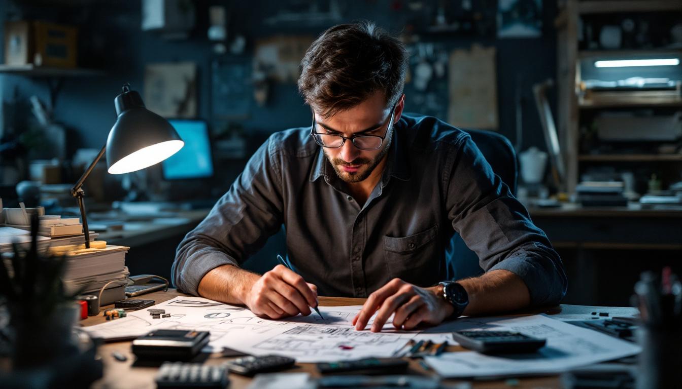 A photograph of a focused electrical engineer working intently at a cluttered desk