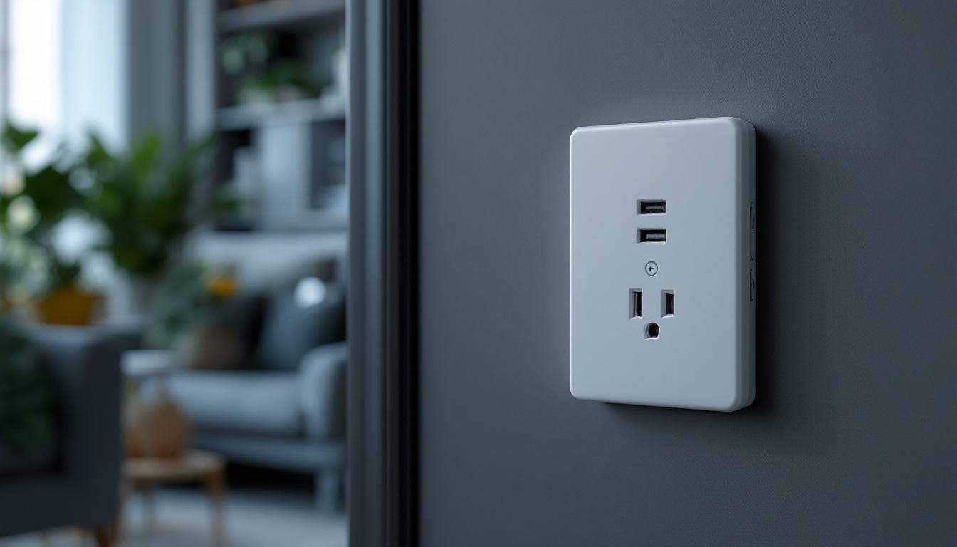 A photograph of a modern duplex receptacle with usb ports integrated into a stylish interior setting