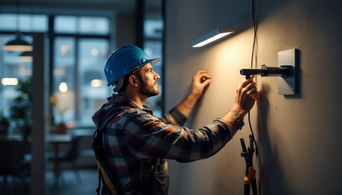 A photograph of a skilled electrical engineer installing a light wall mount bracket in a modern setting