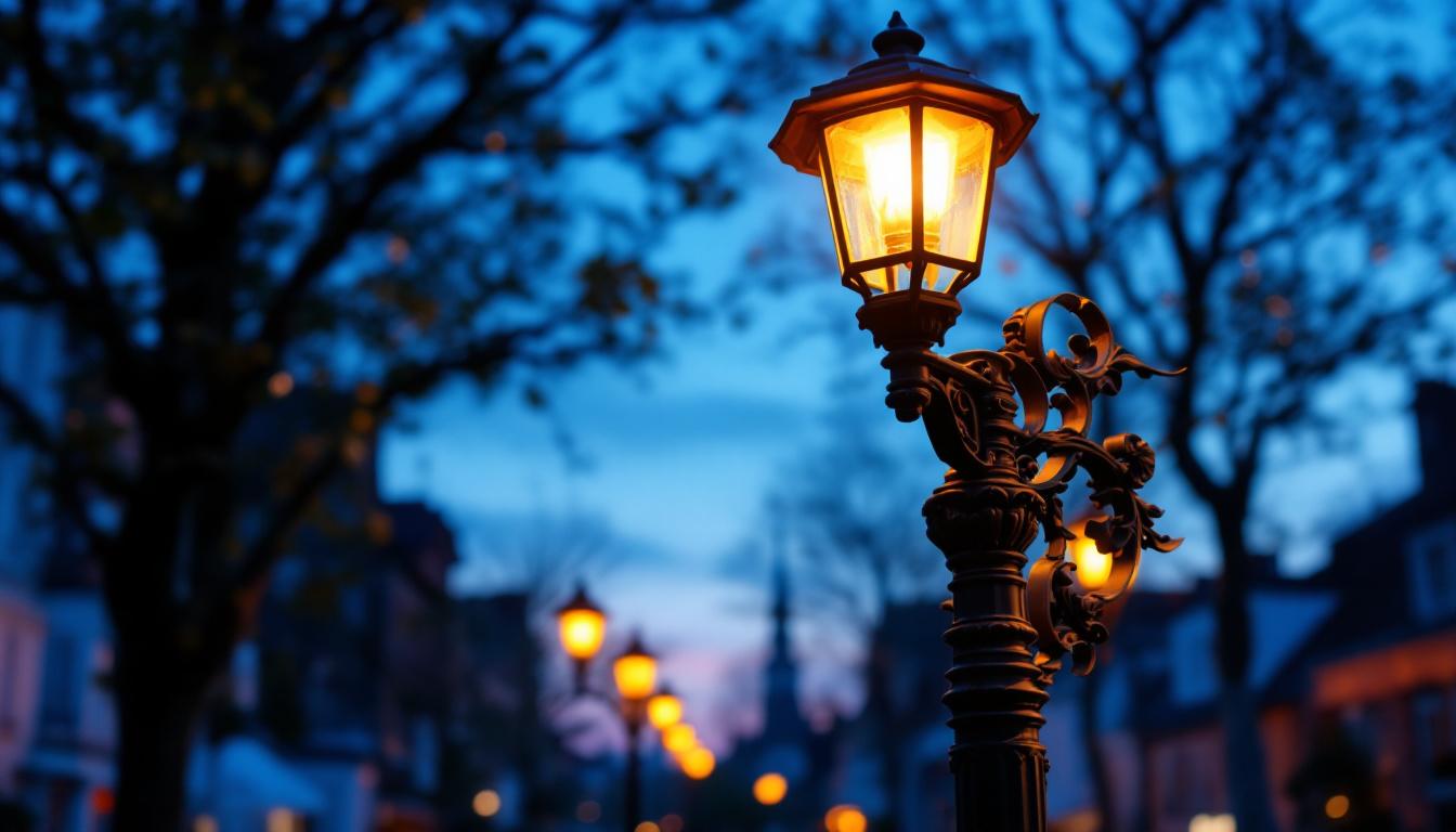 A photograph of a beautifully designed decorative street light illuminating a charming urban street scene at dusk
